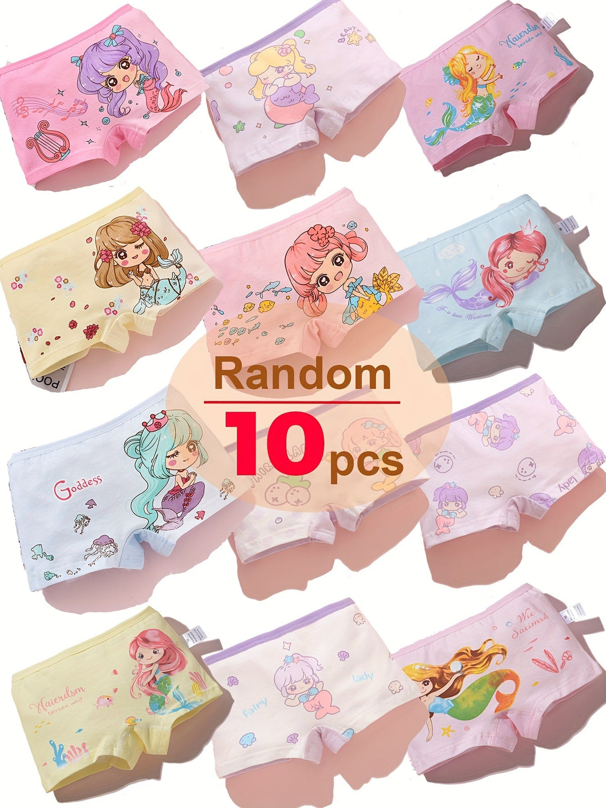 Girls' Mermaid Boxer Briefs 10-Pack in Random Pastel Colors with Cartoon Prints for Everyday Changes