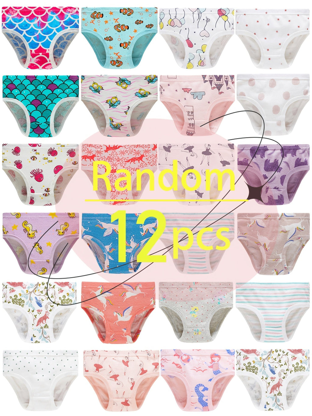 Girls' Printed Briefs 12-Pack in Random Colors and Patterns with Elastic Waists for Daily Changes