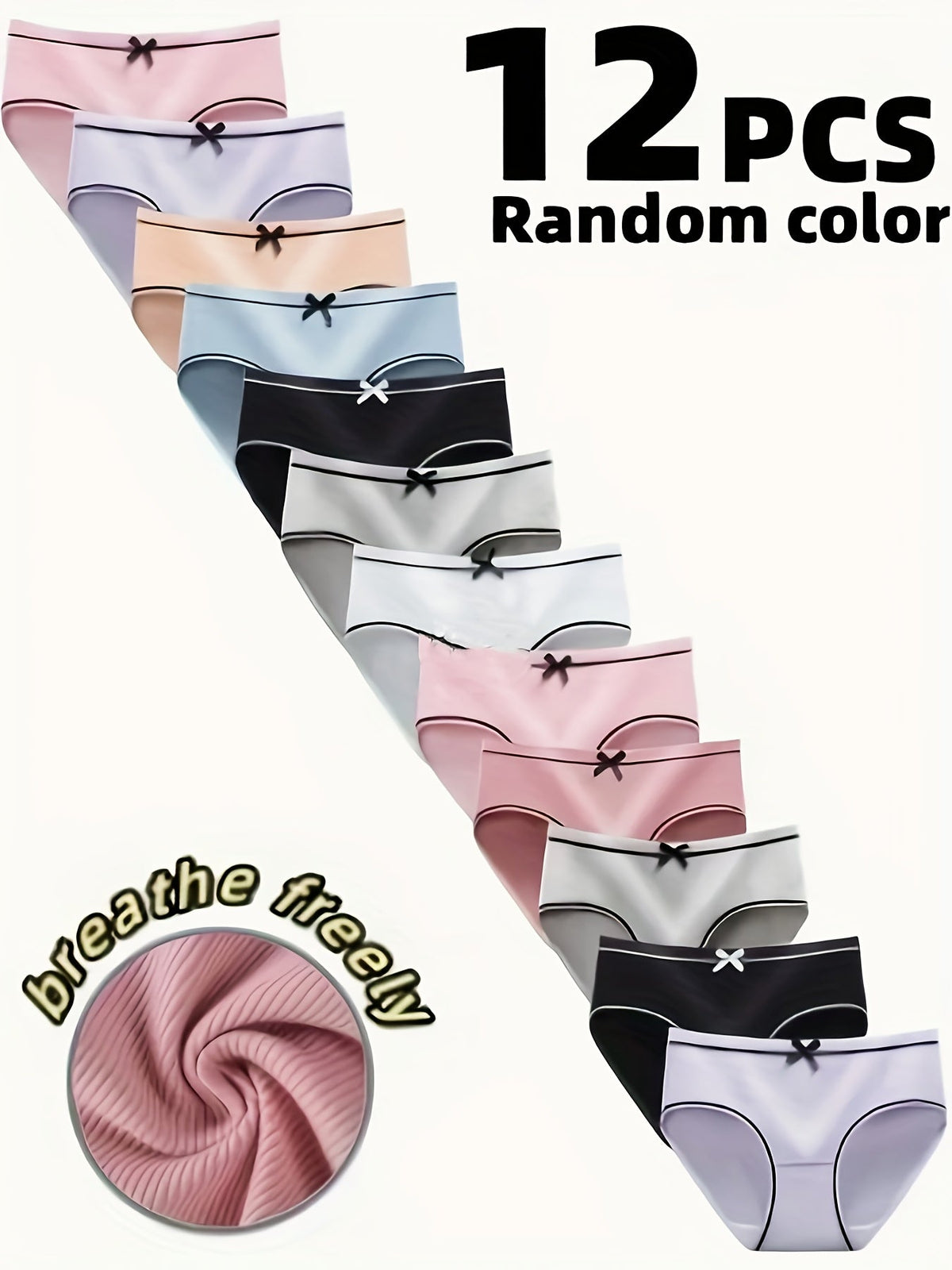 Girls Ribbed Briefs Twelve-Pack with Bow Details and Contrast Trim in Random Colors for Everyday Wear