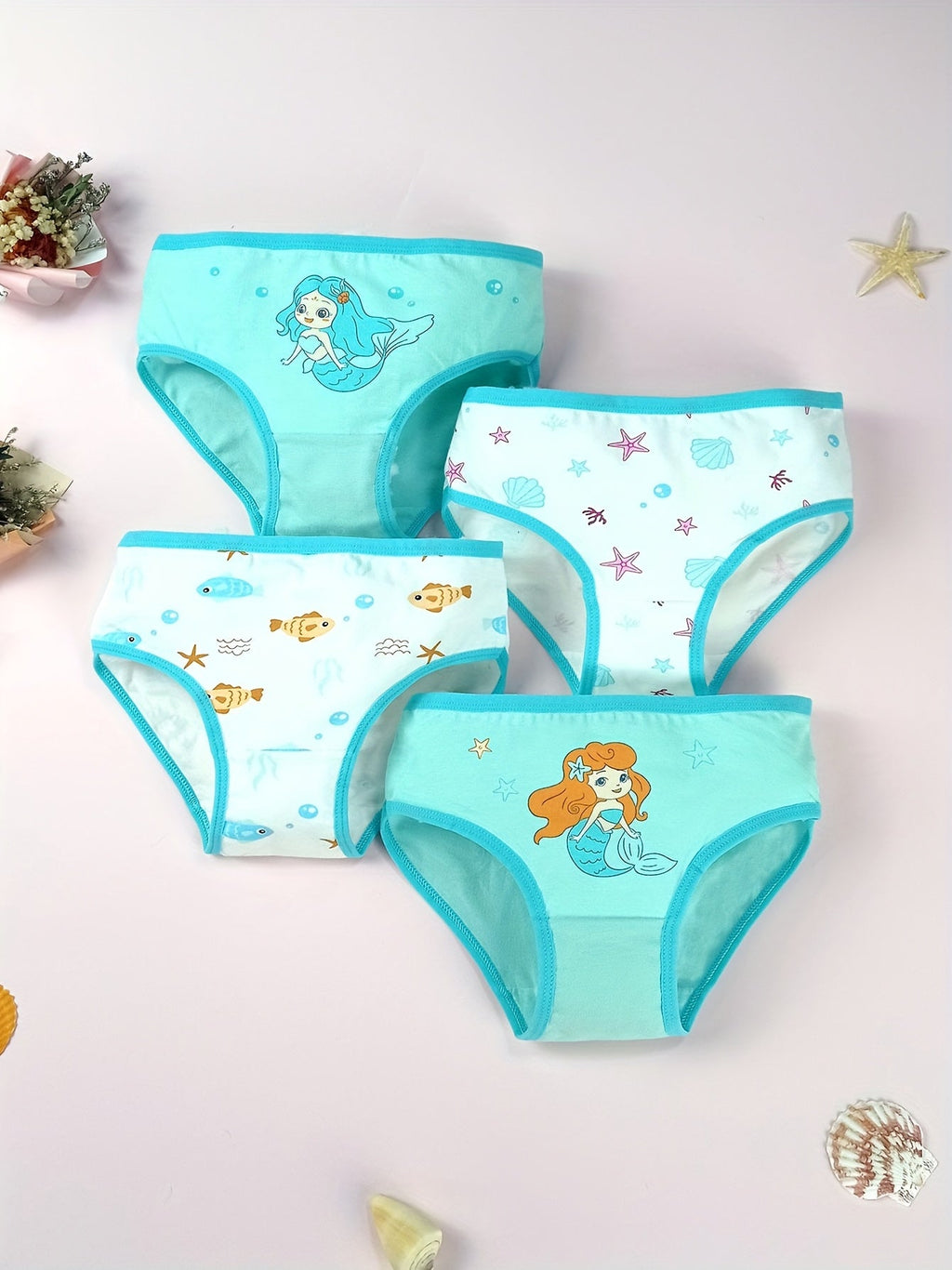 Girls' Mermaid Cotton Briefs 4-Pack in Pastel Colors with Ruffled Edging for Everyday Underwear Changes