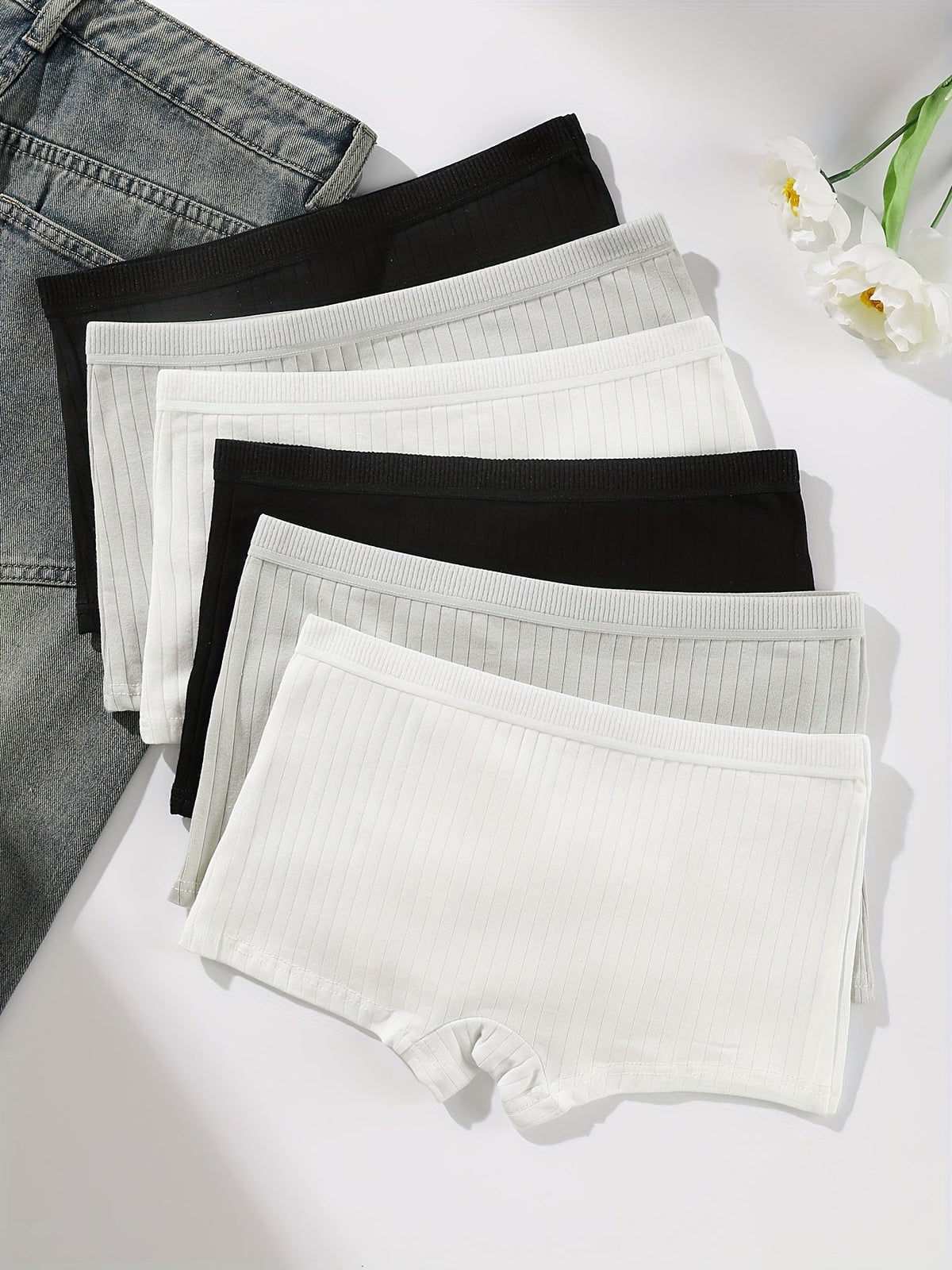Girls' Ribbed Boxer Briefs 6-Pack in Black White and Gray with Stretch Waists for Everyday Underwear Basics