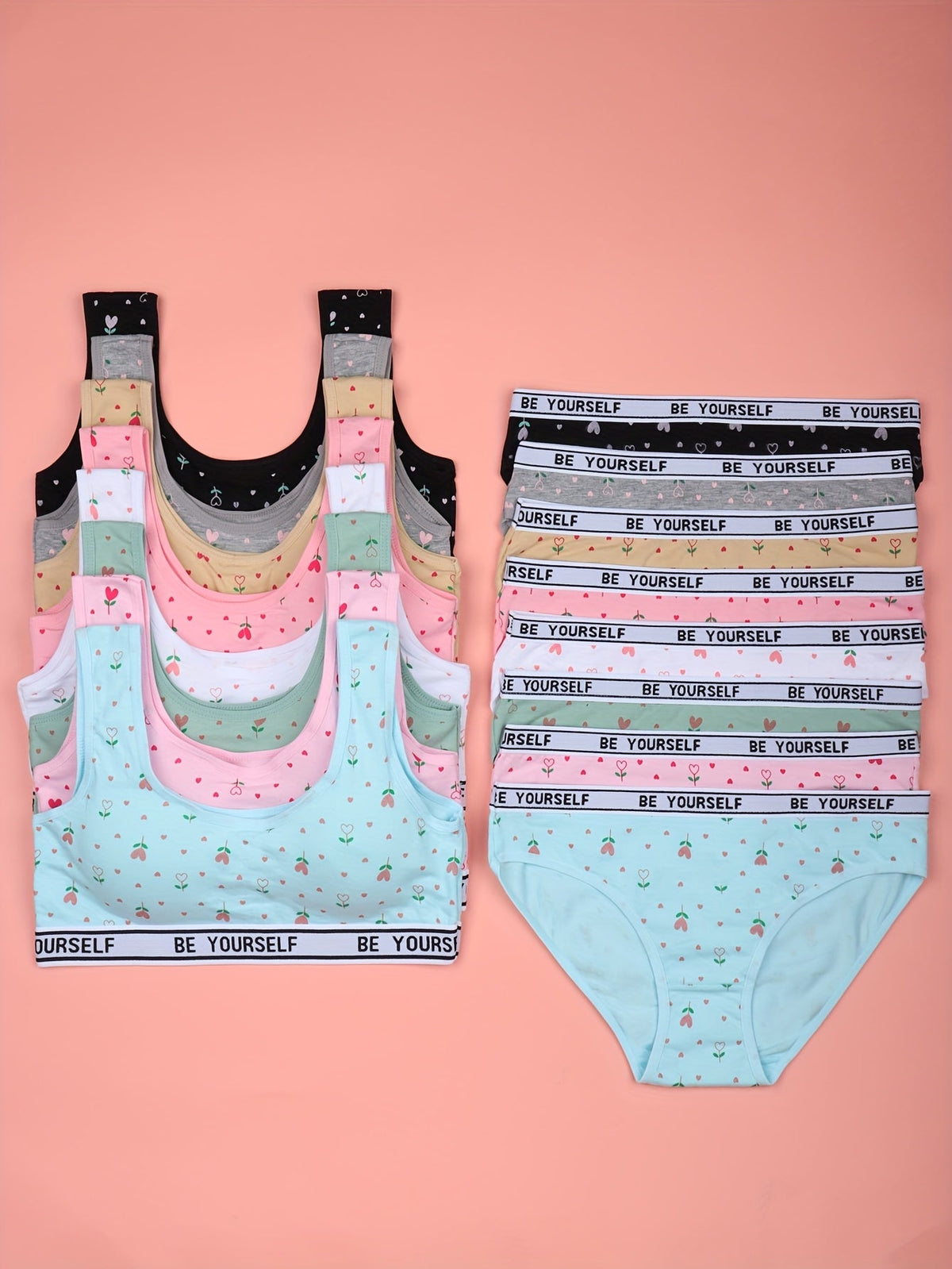 Girls' Eight Training Bra and Brief Sets in Assorted Colors with Heart Prints and Lettered Elastic Bands