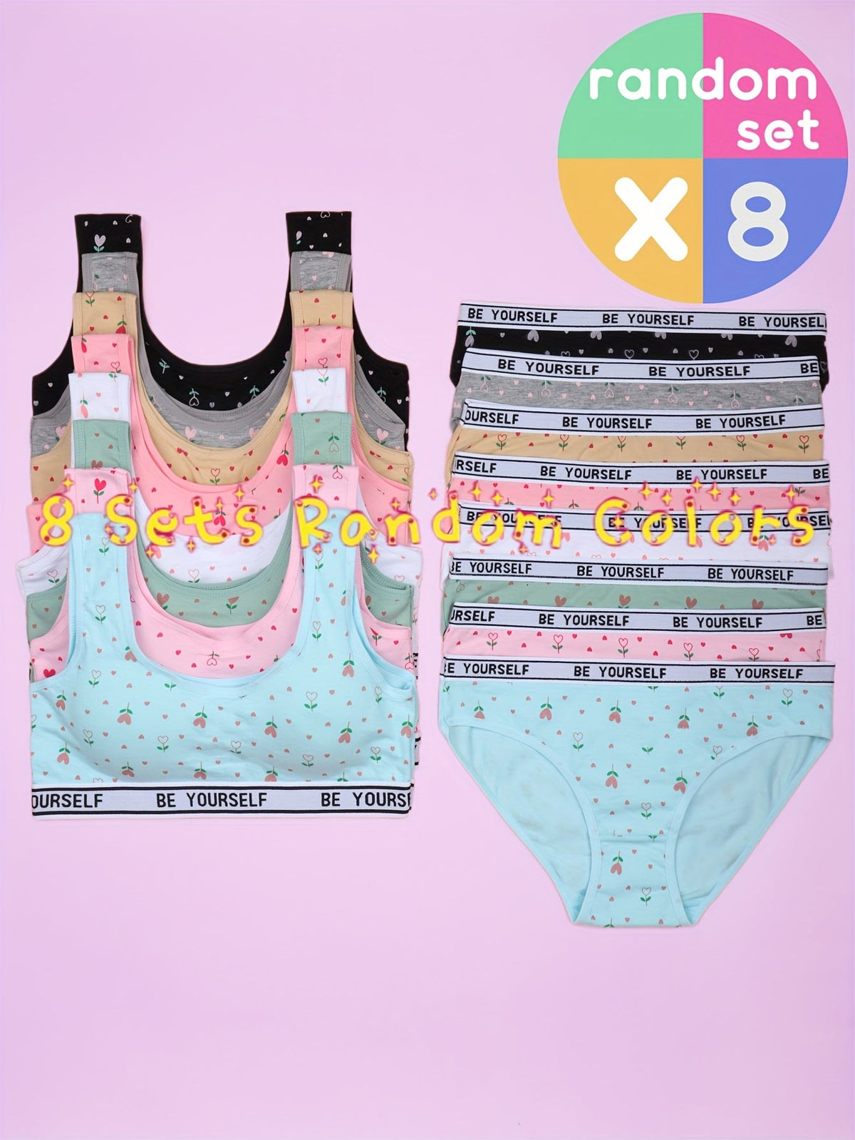 Girls' Eight Training Bra and Brief Sets in Assorted Colors with Heart Prints and Lettered Elastic Bands