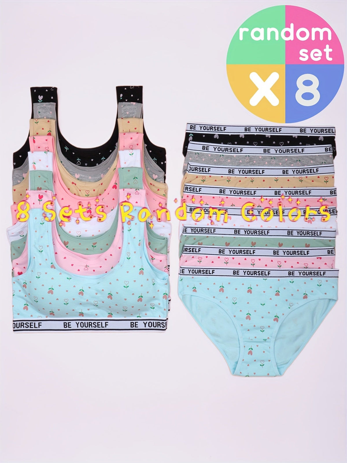 Girls' Eight Training Bra and Brief Sets in Assorted Colors with Heart Prints and Lettered Elastic Bands