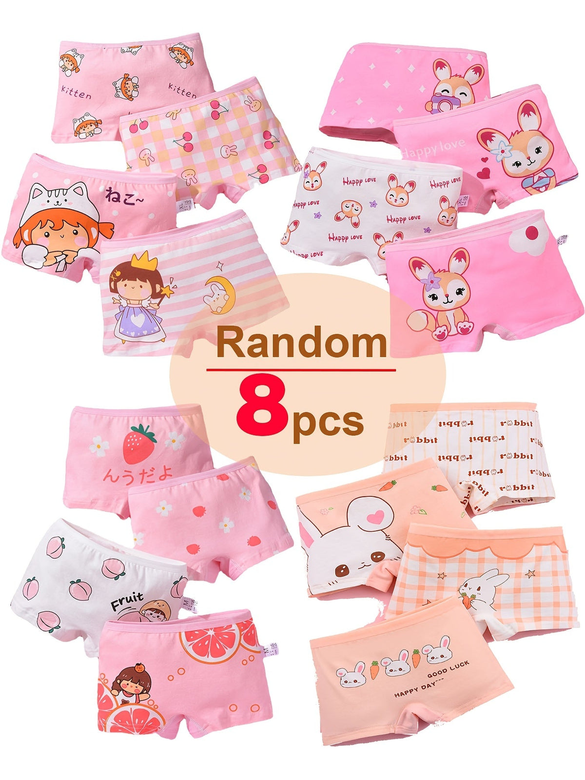 Girls' Cartoon Boxer Briefs 8-Pack in Random Colors with Short Legs for Everyday Underwear Changes