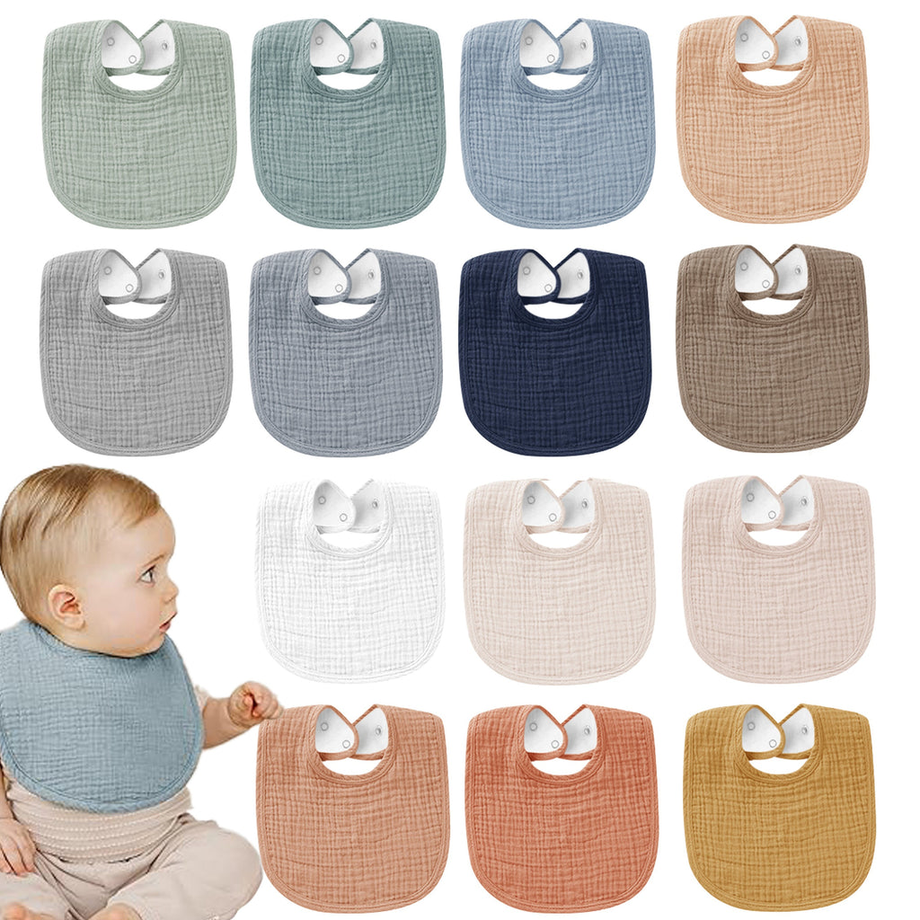 Baby Muslin Bibs Ten Pack in Mixed Colors with Adjustable Snaps and Polyester Fleece Backing