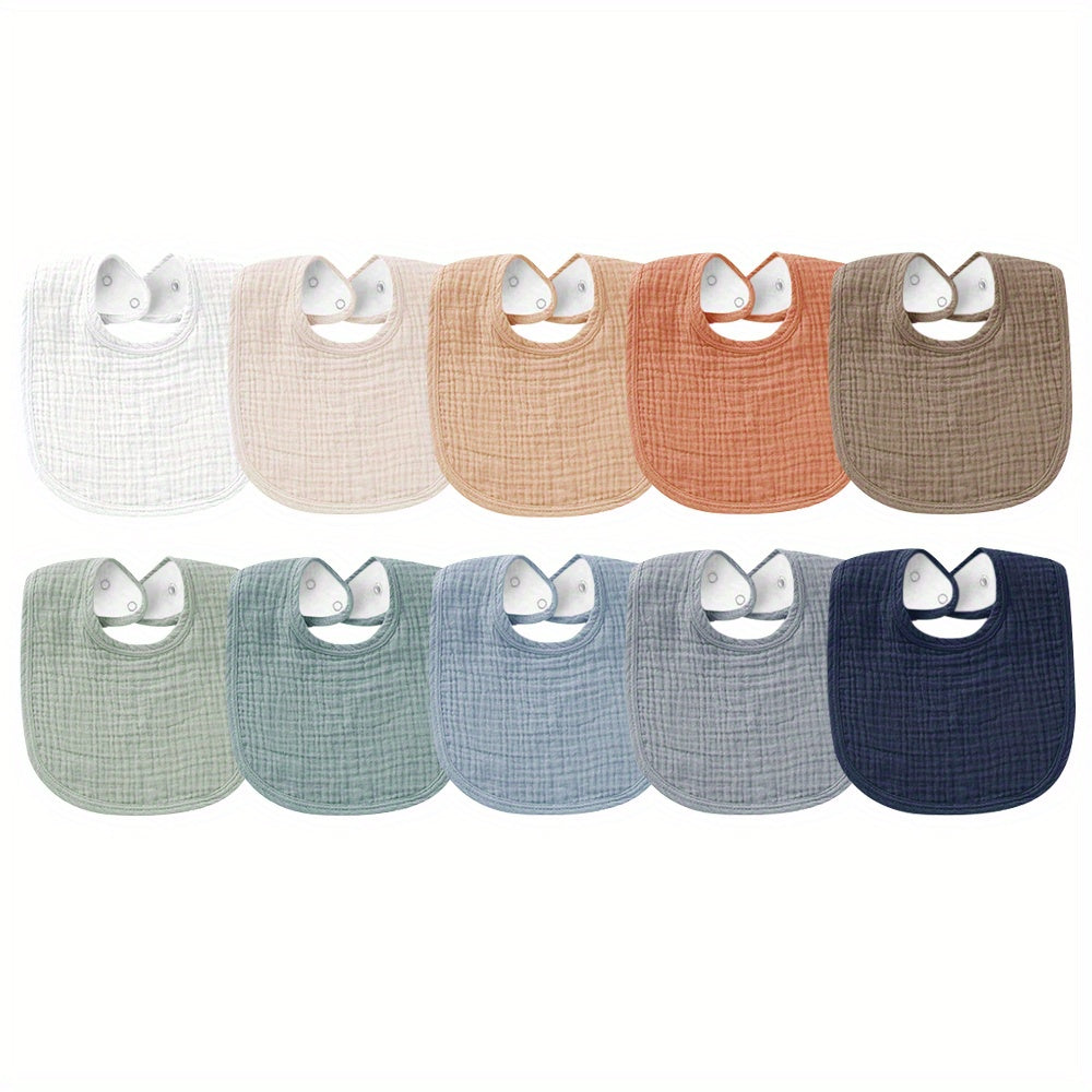 Baby Muslin Bibs Ten Pack in Mixed Colors with Adjustable Snaps and Polyester Fleece Backing