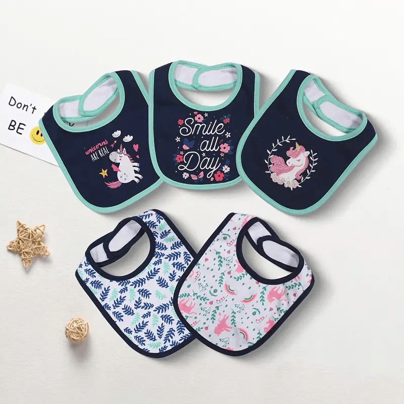 Cotton Baby Bibs in Five-Piece Cartoon Sets with Adjustable Neck Fastenings for Feeding and Daily Changes