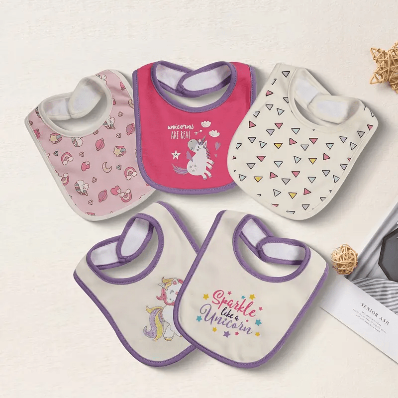 Cotton Baby Bibs in Five-Piece Cartoon Sets with Adjustable Neck Fastenings for Feeding and Daily Changes