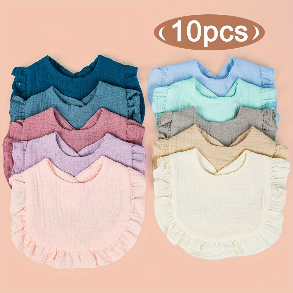 Muslin Baby Bibs in a Ten-Pack of Solid Colors with Ruffled Trim and Adjustable Snaps for Daily Changes