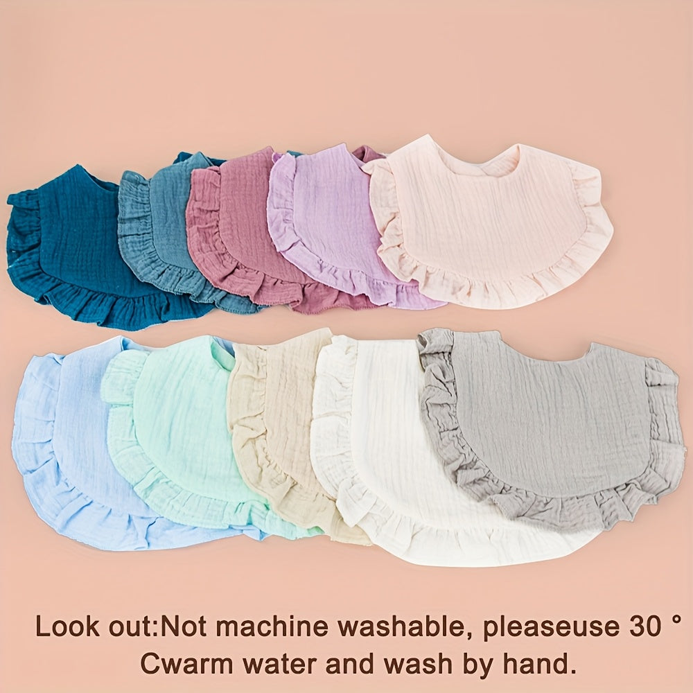 Muslin Baby Bibs in a Ten-Pack of Solid Colors with Ruffled Trim and Adjustable Snaps for Daily Changes