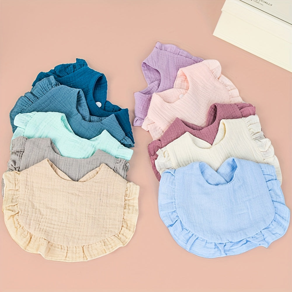 Muslin Baby Bibs in a Ten-Pack of Solid Colors with Ruffled Trim and Adjustable Snaps for Daily Changes