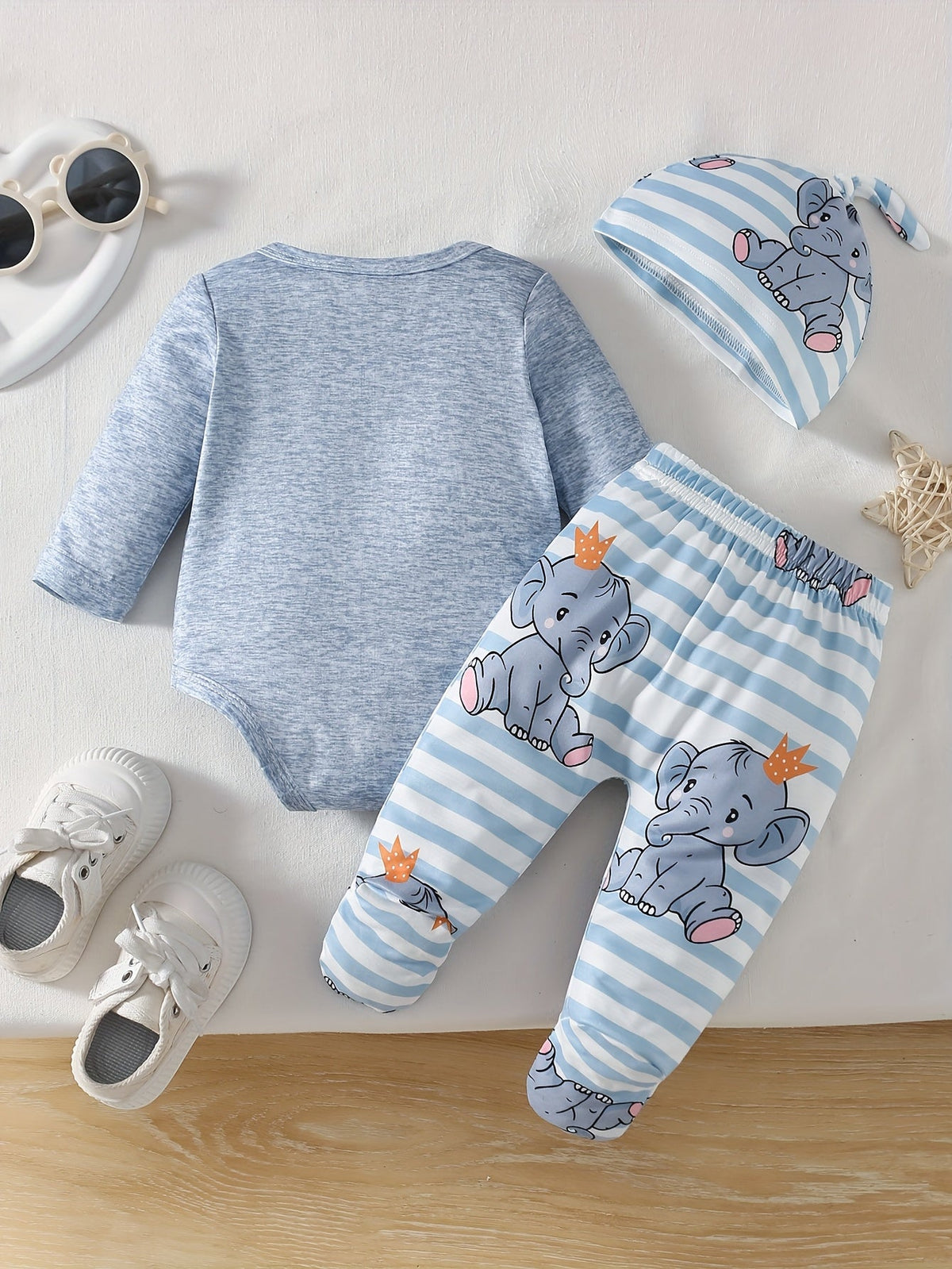 Baby Boys' Elephant Outfit Set in Gray and Blue Stripes with a Long-Sleeve Bodysuit and Footed Pants