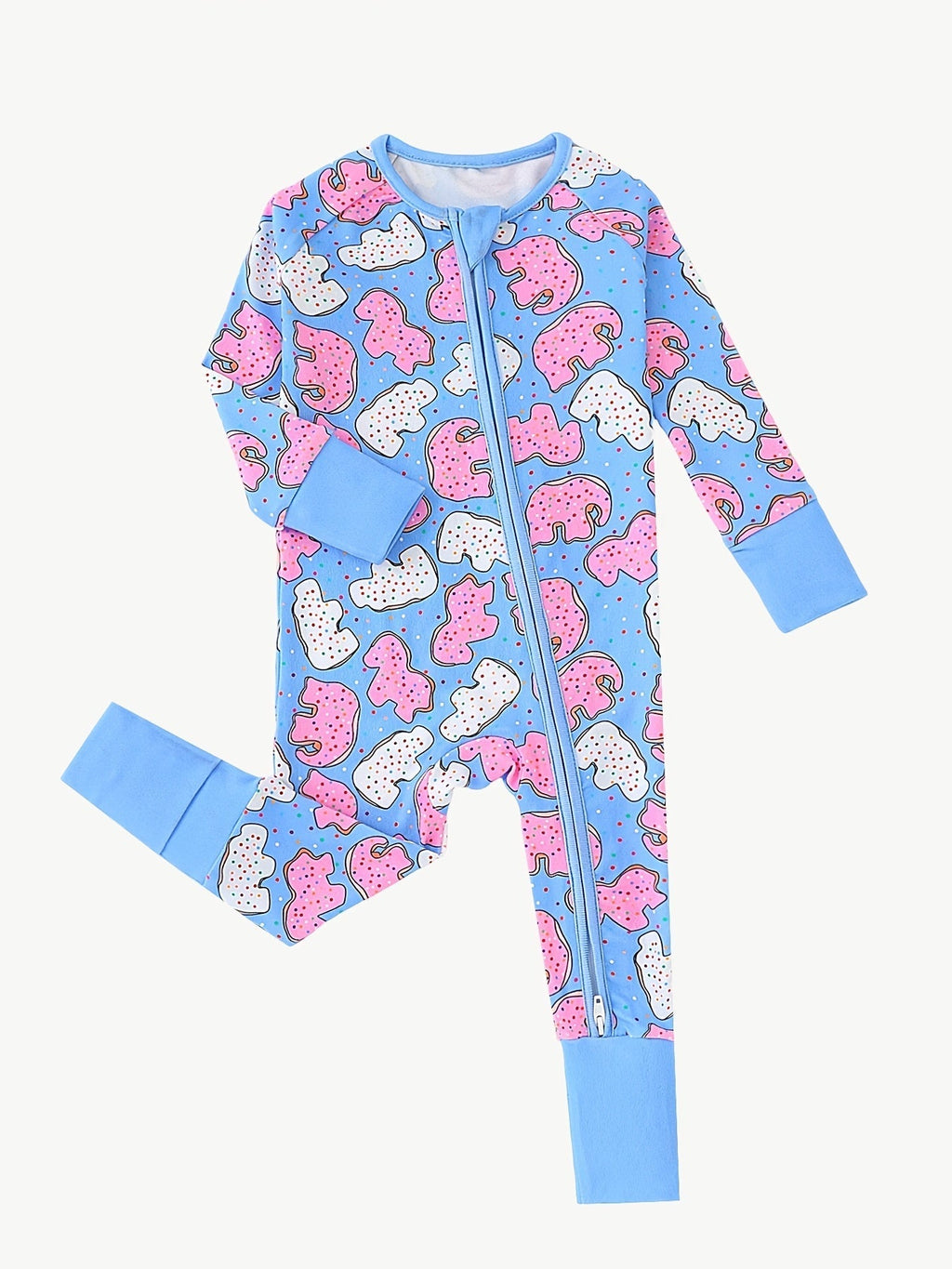 Baby and Toddler Donut Print Zip Romper in Blue with Long Sleeves and Cuffed Ankles for Everyday Dressing