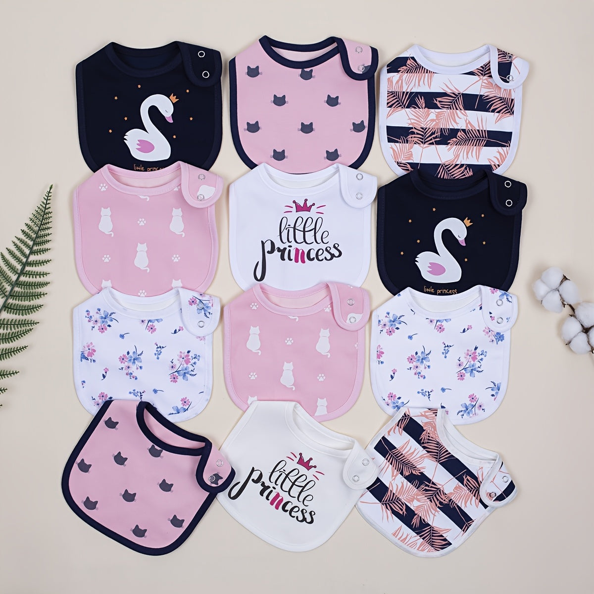 Baby Printed Feeding Bibs 12-Pack with Adjustable Snap Closures and Pink Navy Designs for Everyday Mealtimes