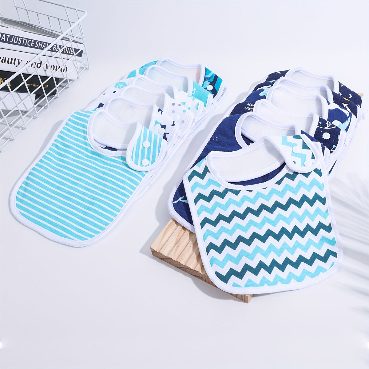 Baby Shark Feeding Bibs 12-Pack with Side Snap Closures and Blue Ocean Prints for Everyday Mealtime Use