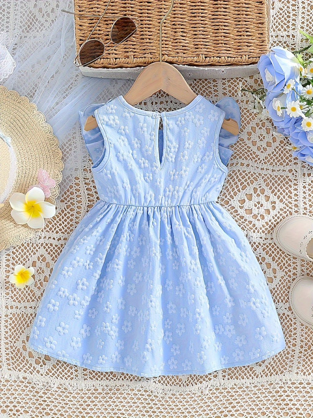 Baby Girls' Floral Texture Dress with Ruffled Shoulders and a Front Bow for Summer Family Occasions