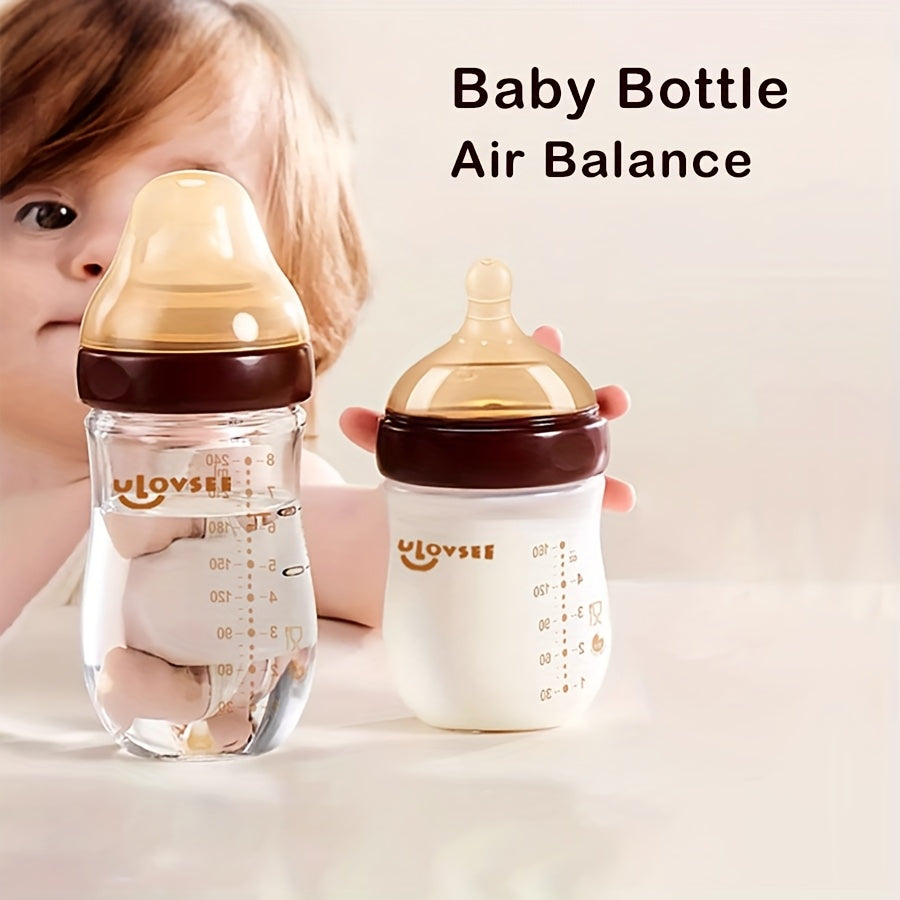 Wide-Neck Glass Baby Bottles with Bottom Air-Balance Valves and Clear Volume Markings for Feeding