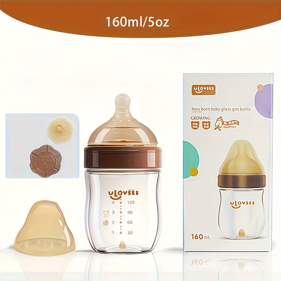 Wide-Neck Glass Baby Bottles with Bottom Air-Balance Valves and Clear Volume Markings for Feeding