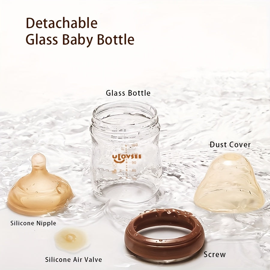 Wide-Neck Glass Baby Bottles with Bottom Air-Balance Valves and Clear Volume Markings for Feeding