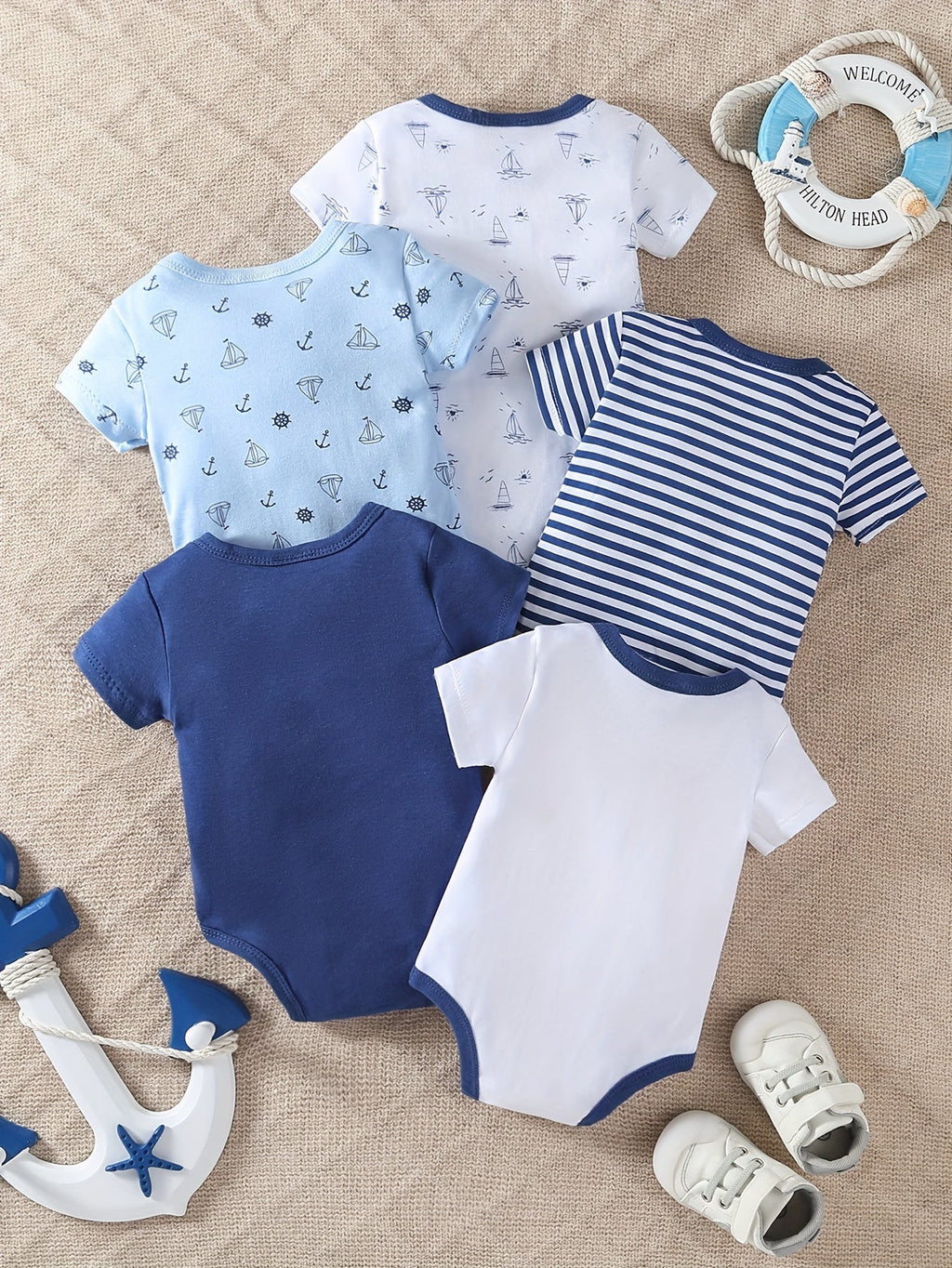 Baby Boy Nautical Bodysuits Five Pack with Anchor Prints and Blue Stripes for Everyday Outfit Changes