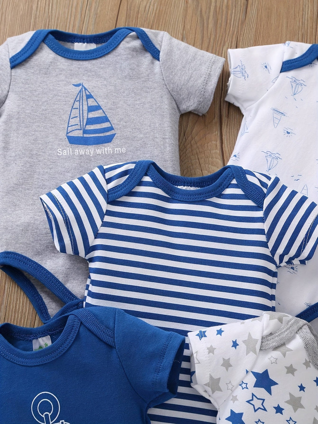 Baby Boy Nautical Bodysuits Five Pack with Anchor Prints and Blue Stripes for Everyday Outfit Changes
