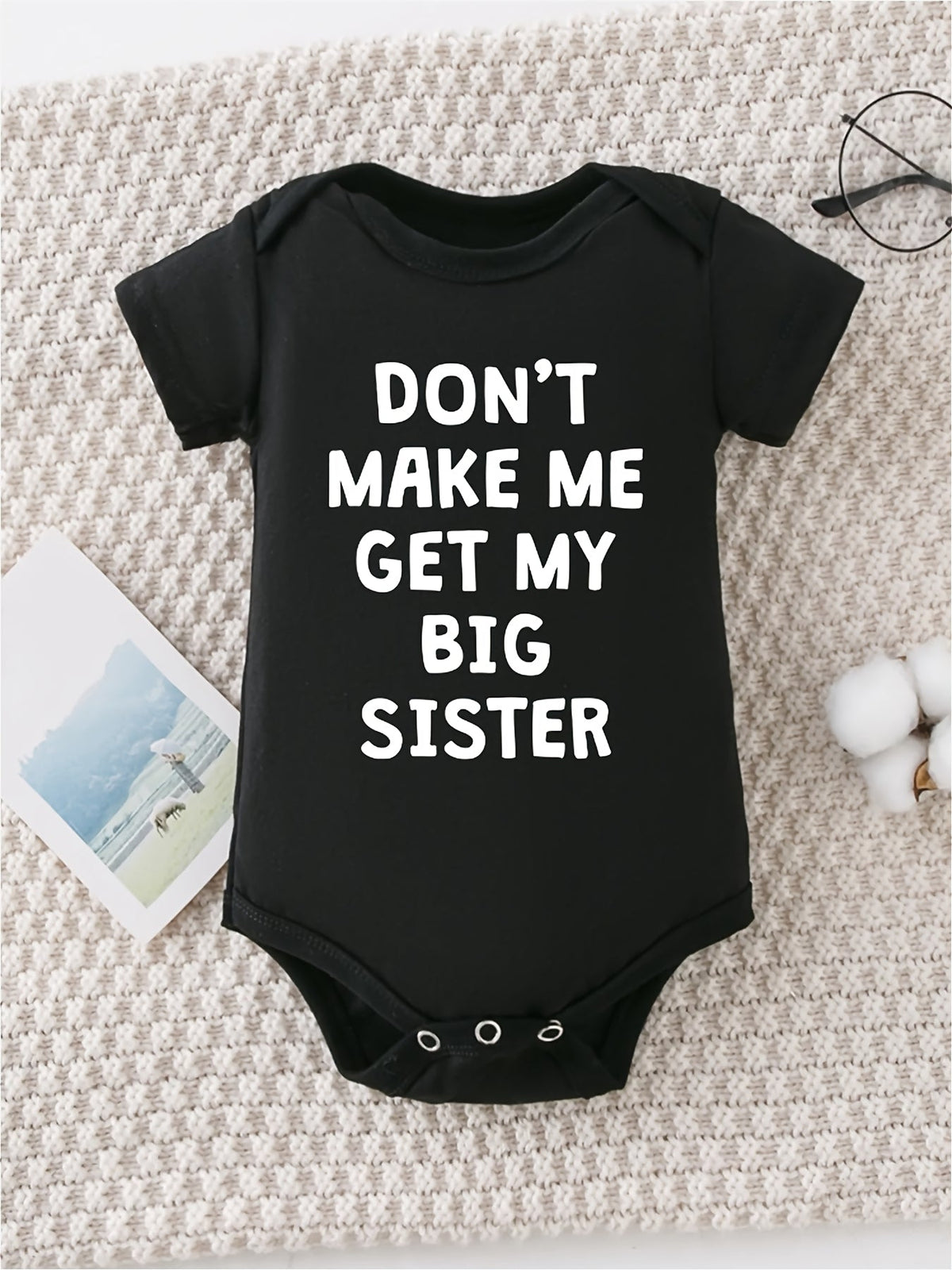 Baby Boy Big Sister Cotton Bodysuit in Black with Funny Family Lettering and Short Sleeves for Daily Wear