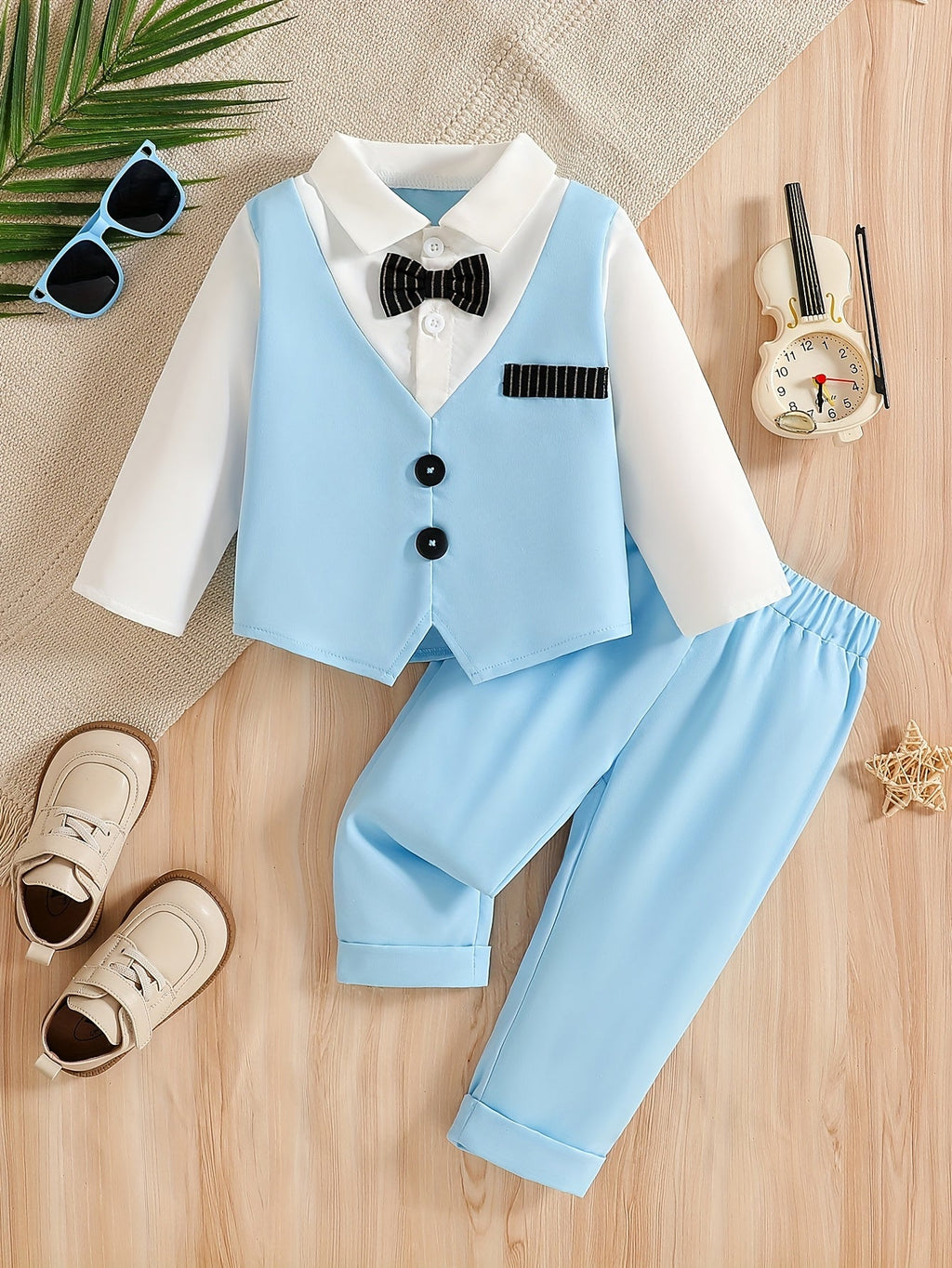 Baby Boy Mock Vest Shirt and Pants Outfit with a Bow Tie Detail and Long Sleeves for Birthday Parties