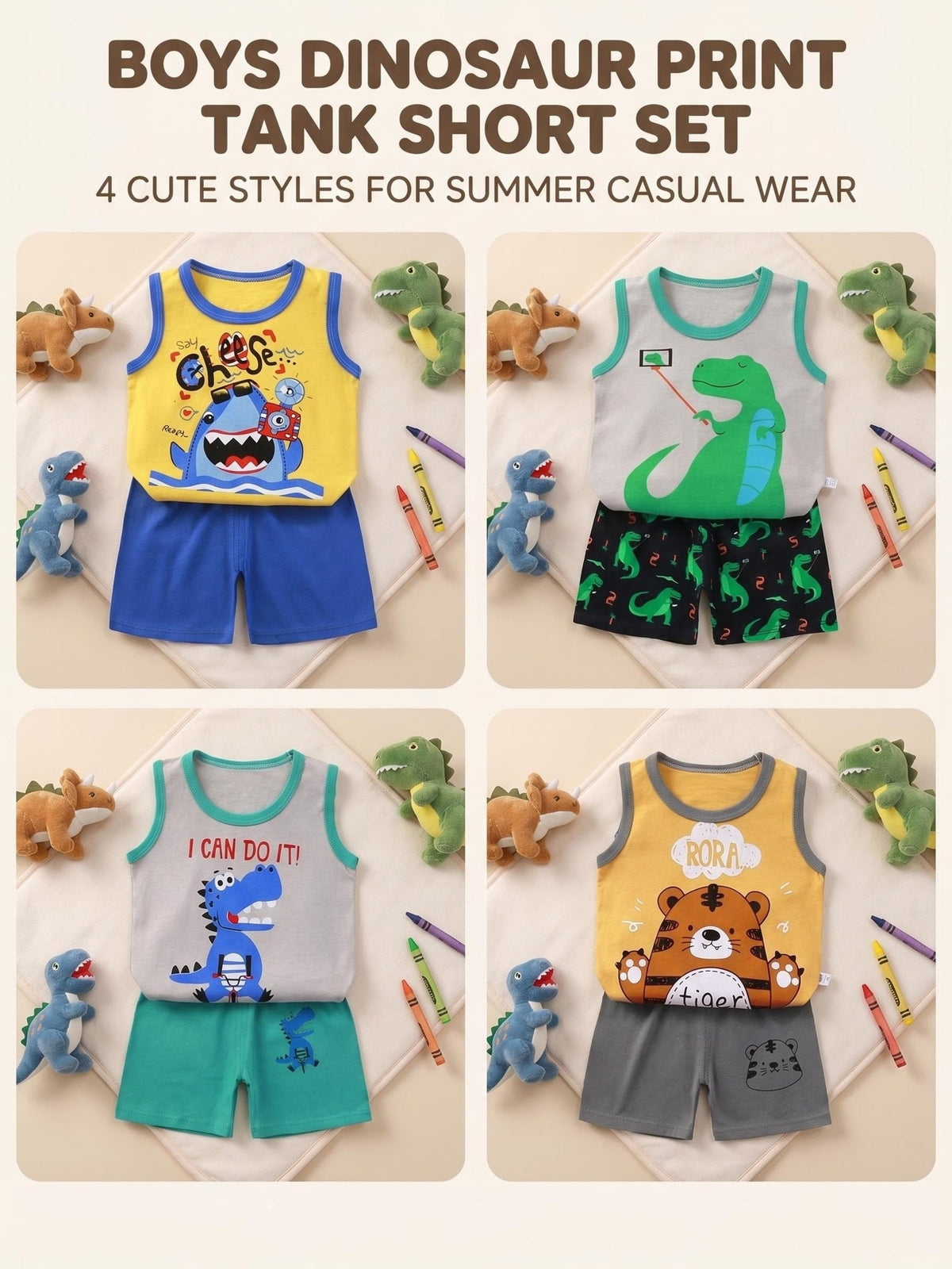 Boys' Tank Shorts Sets in an 8-Piece Cartoon Animal Pack for Easy Summer Outfits and Everyday Changes