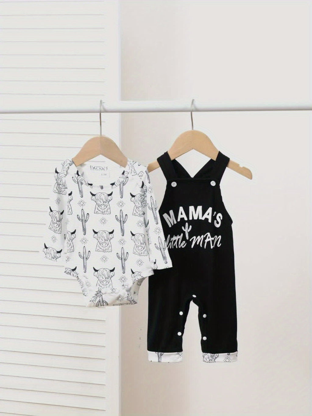 Baby Boy Cow Print Bodysuit and Black Overalls Set with Mama's Little Man Lettering in Size 12-18 Months