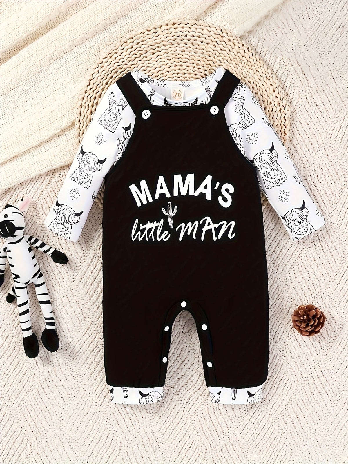 Baby Boy Cow Print Bodysuit and Black Overalls Set with Mama's Little Man Lettering in Size 12-18 Months