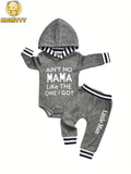 Baby Boys' Grey Hooded Bodysuit and Pants Set with Mama Lettering and Black White Striped Trim