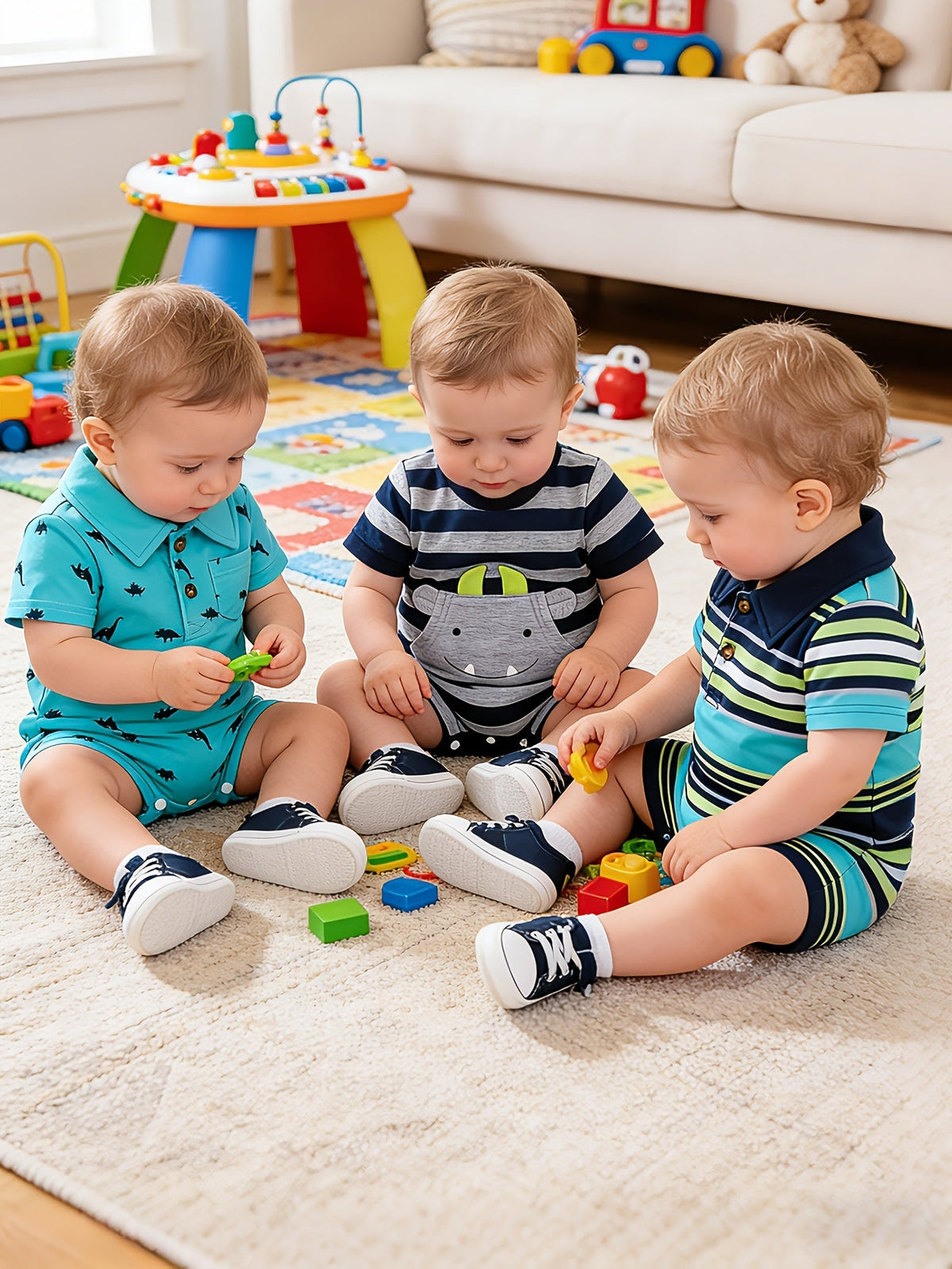 Baby Boys' Short Sleeve Rompers 3-Pack with Stripes and Dinosaur Prints in a Coordinated Summer Mix