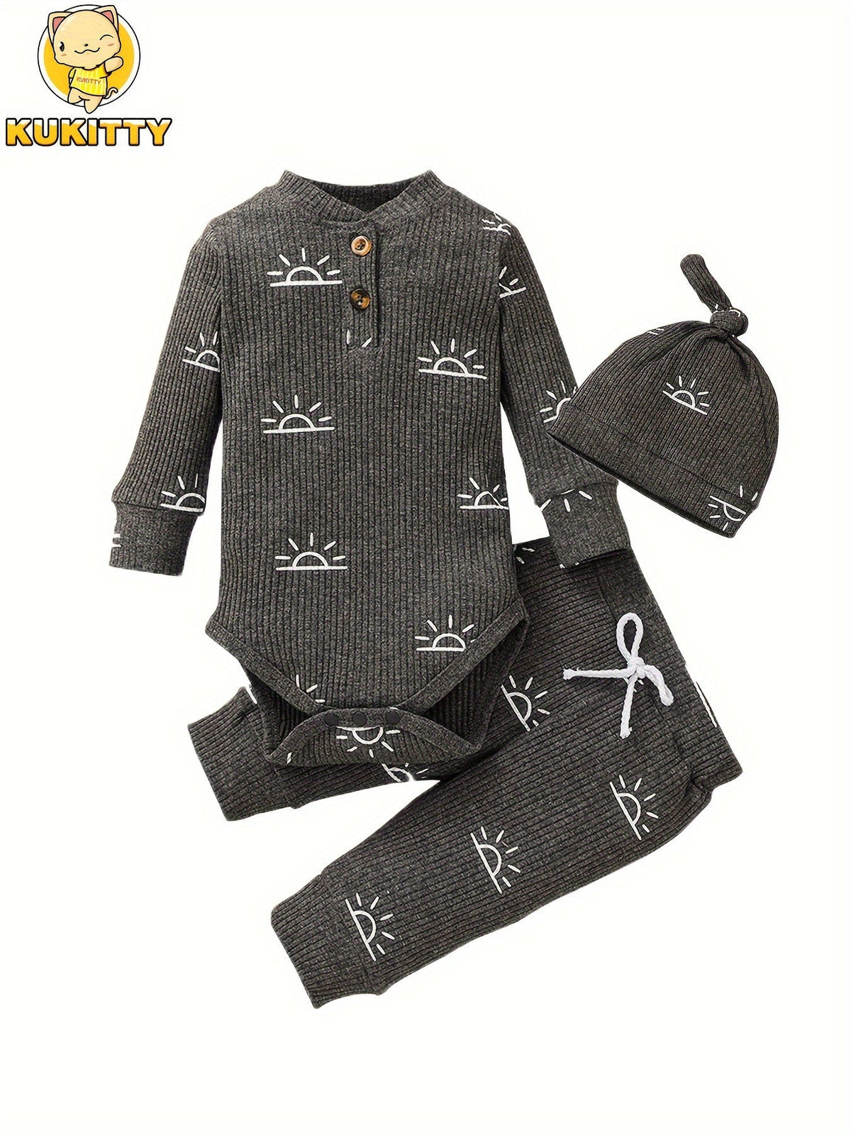 Baby Boys' Sun Print Three Piece Outfit Set Featuring a Ribbed Long Sleeve Bodysuit, Pants and Knotted Hat