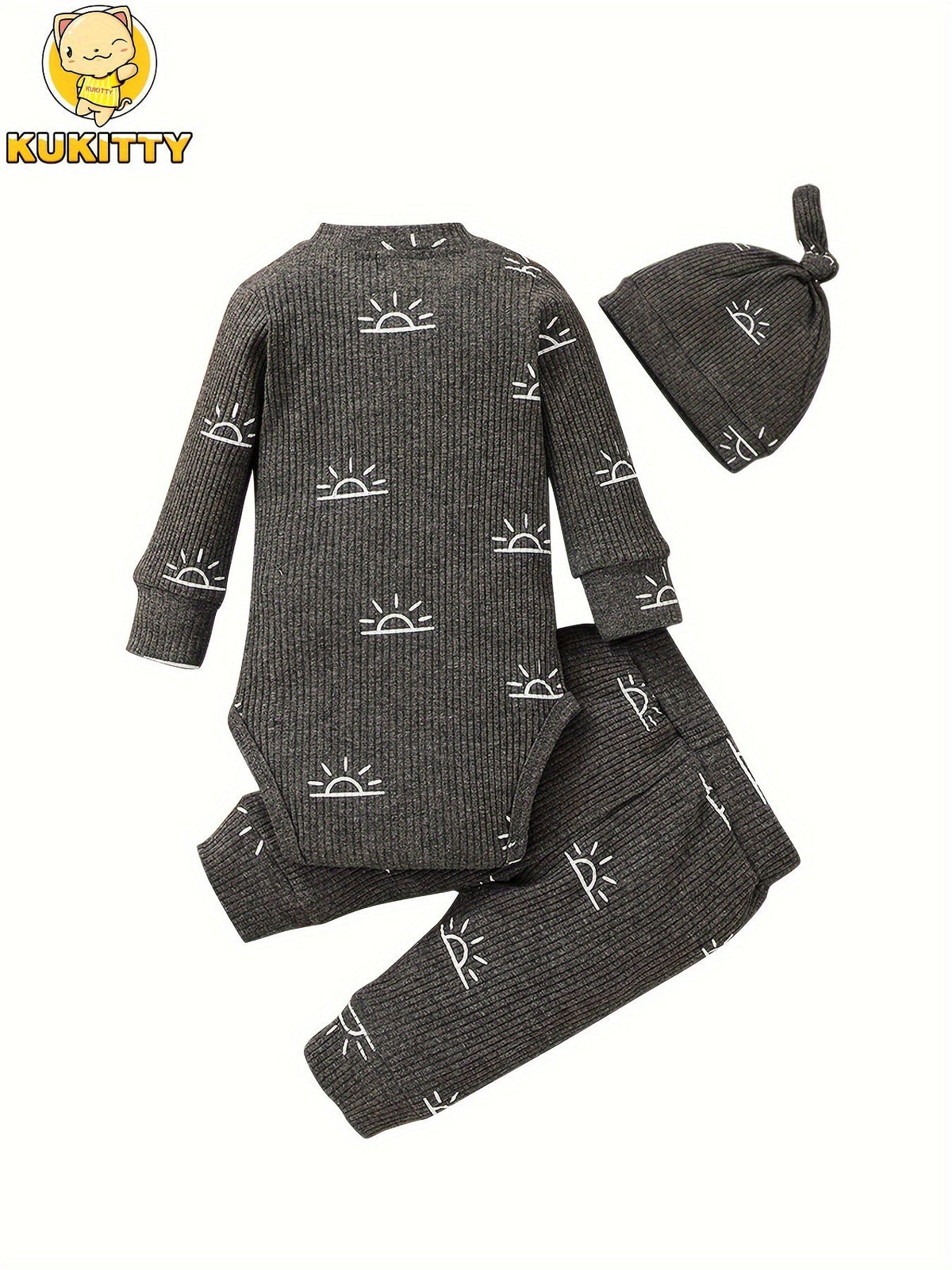 Baby Boys' Sun Print Three Piece Outfit Set Featuring a Ribbed Long Sleeve Bodysuit, Pants and Knotted Hat