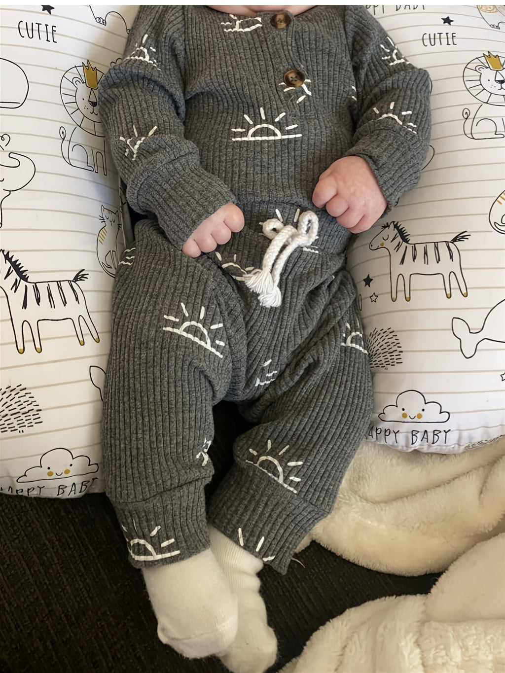 Baby Boys' Sun Print Three Piece Outfit Set Featuring a Ribbed Long Sleeve Bodysuit, Pants and Knotted Hat