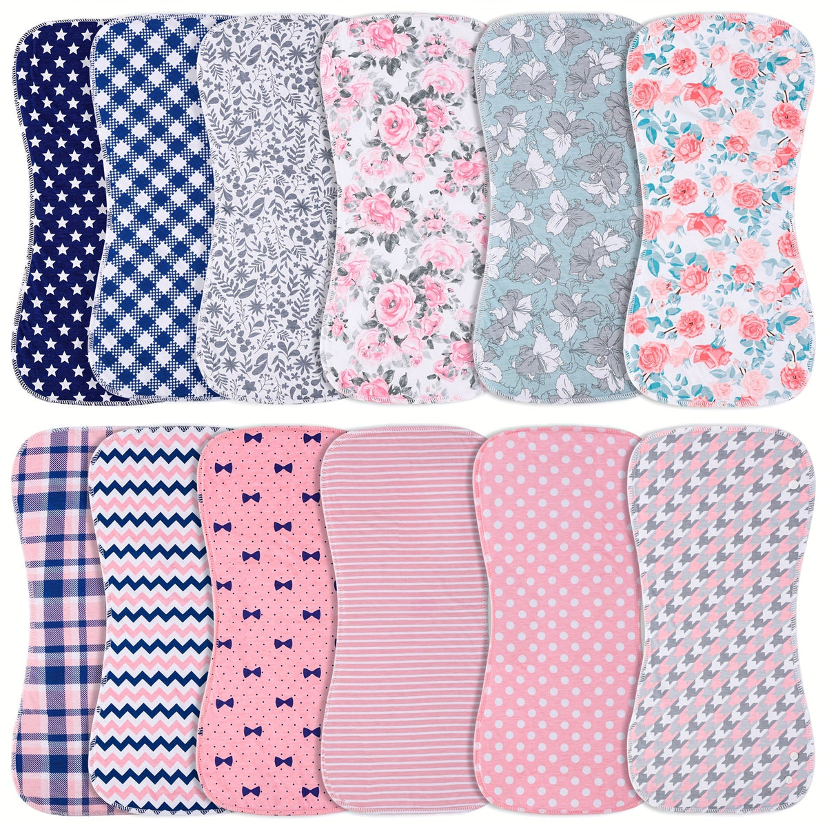 Baby Burp Cloths 12-Pack in Floral, Stripe, Check and Dot Prints with Contoured Shape and Three-Layer Design