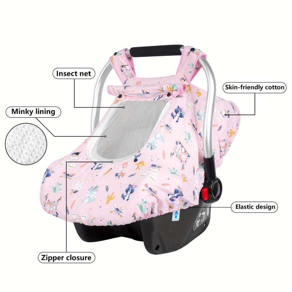 Baby Car Seat Cover, Minky a Zippered Mesh Window and Printed Outer Layer for Infant Carrier Outings