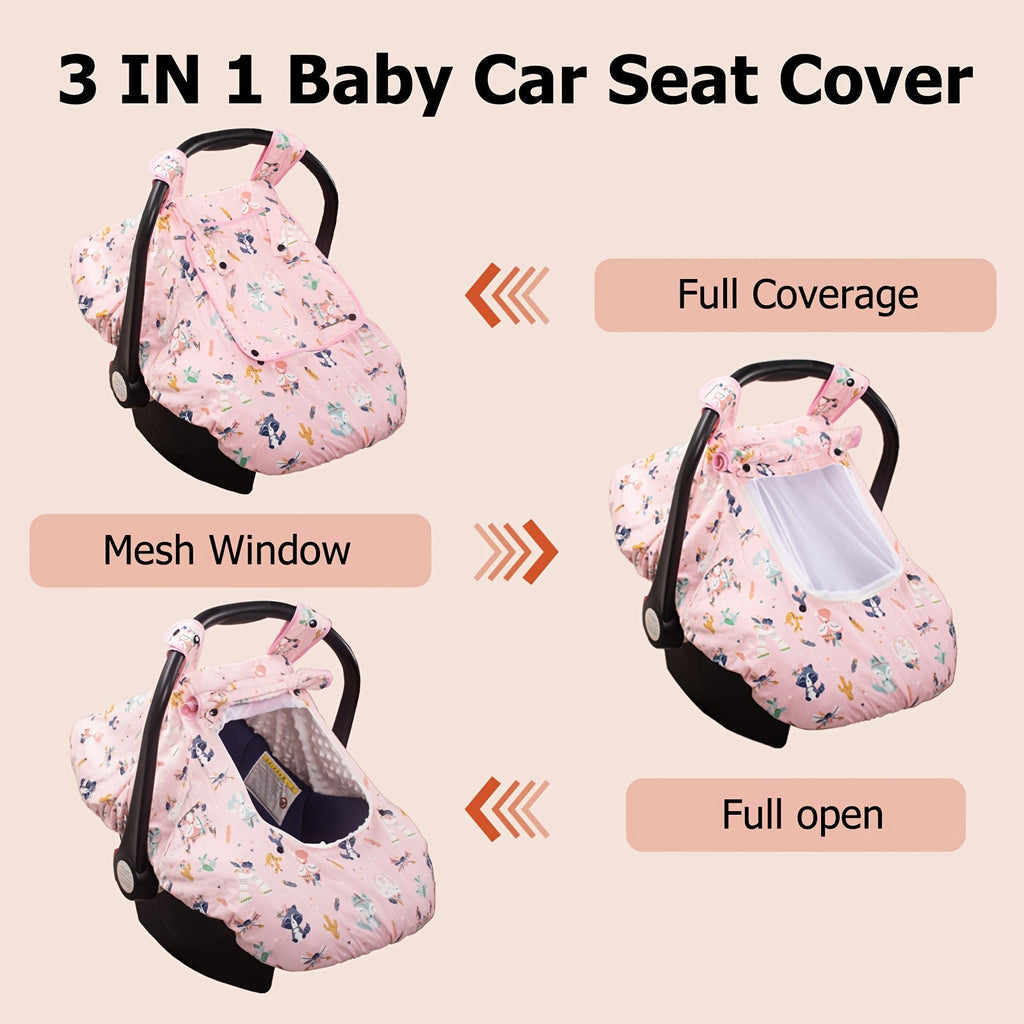 Baby Car Seat Cover, Minky a Zippered Mesh Window and Printed Outer Layer for Infant Carrier Outings