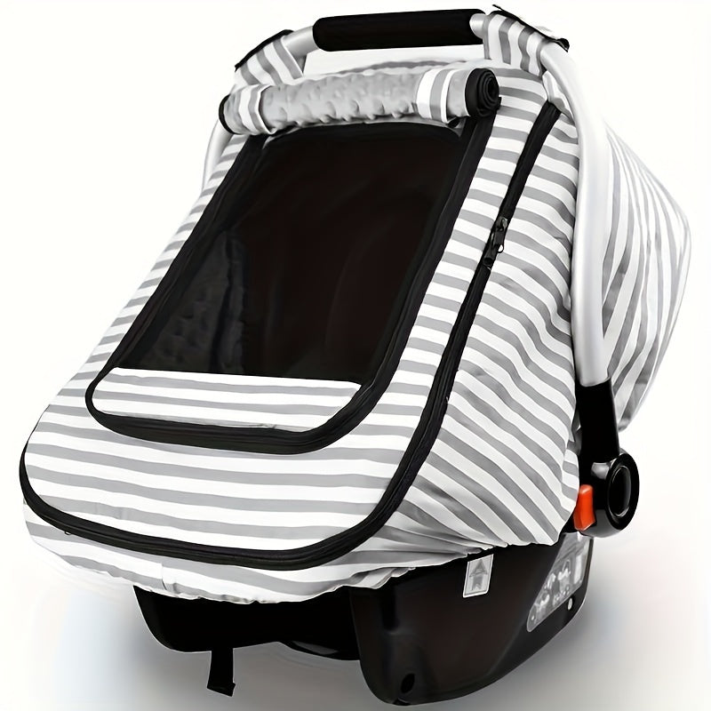 Grey Striped Baby Car Seat Cover with a Roll-Up Front Panel and Mesh Window for Infant Carrier Outings