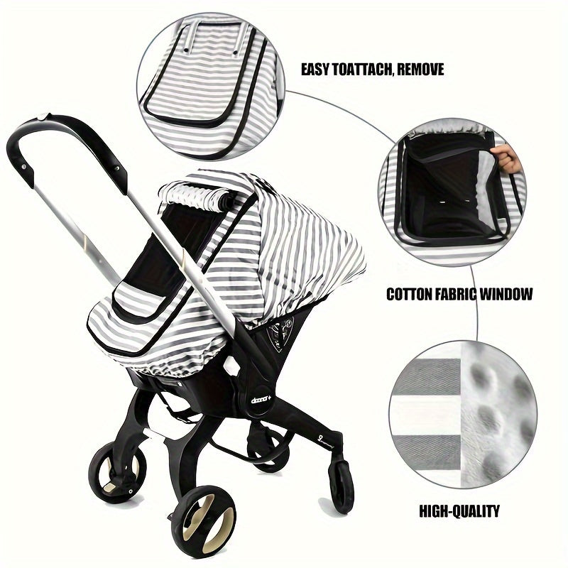 Grey Striped Baby Car Seat Cover with a Roll-Up Front Panel and Mesh Window for Infant Carrier Outings