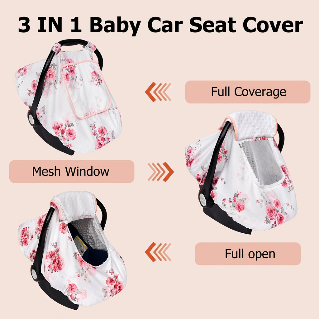 Printed Baby Car Seat Canopy with a Roll-Up Front and Mesh Window for Easy Viewing and Carrier Access