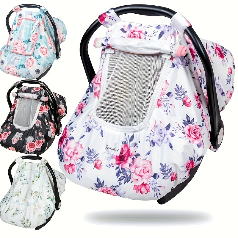 Baby Car Seat Cover with a Mesh Viewing Window and Roll-Up Front Panel in Floral and Animal Prints