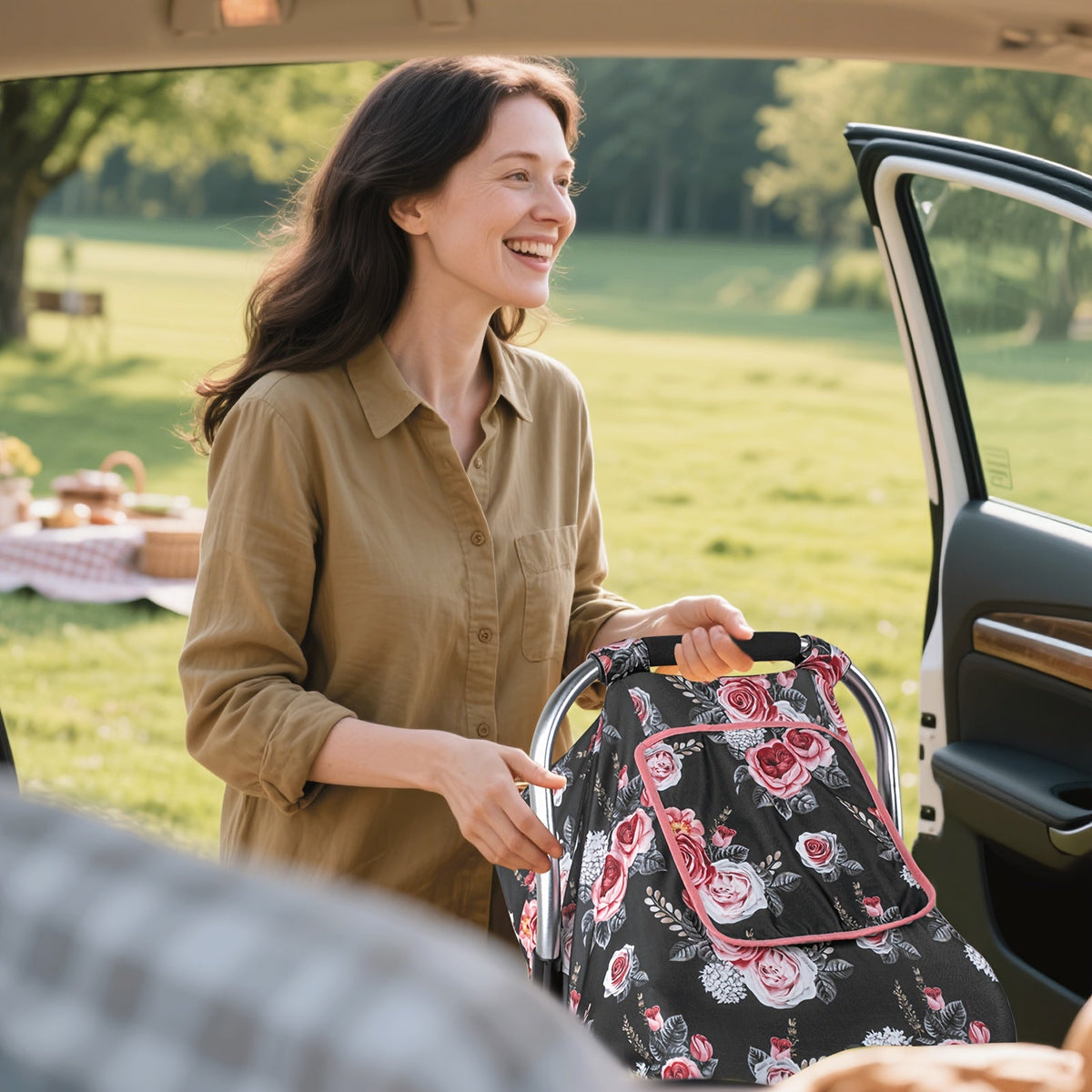 Baby Car Seat Cover with a Mesh Viewing Window and Roll-Up Front Panel in Floral and Animal Prints