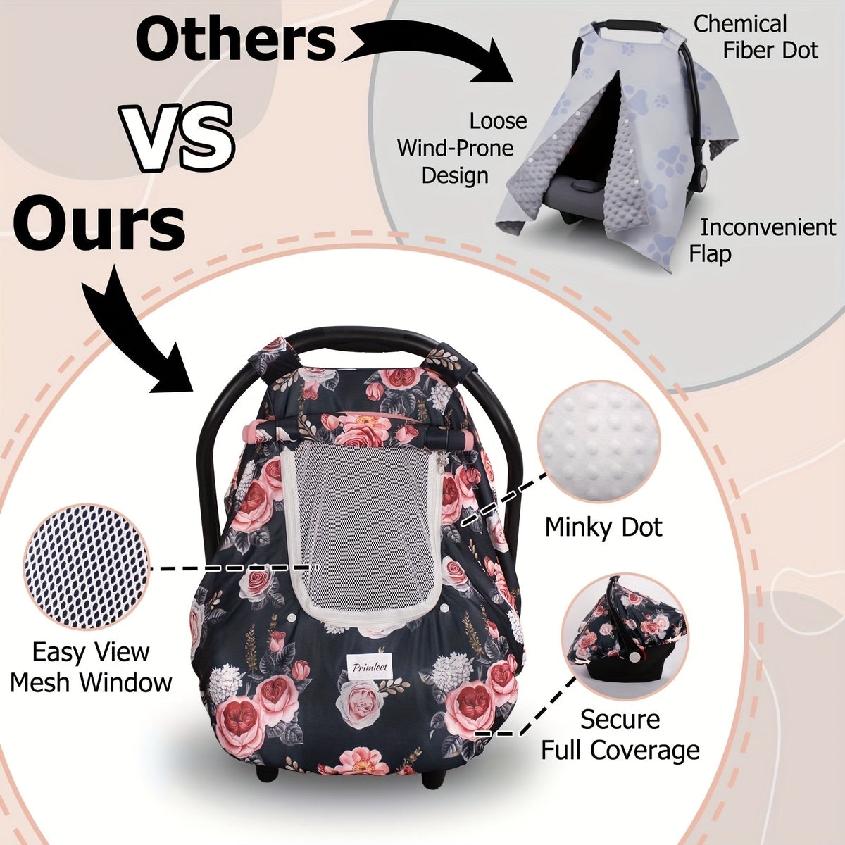 Baby Car Seat Cover with a Mesh Viewing Window and Roll-Up Front Panel in Floral and Animal Prints