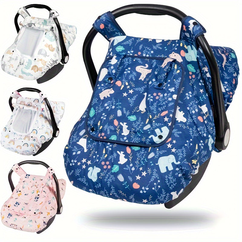 Baby Car Seat Cover with a Mesh Viewing Window and Roll-Up Front Panel in Floral and Animal Prints