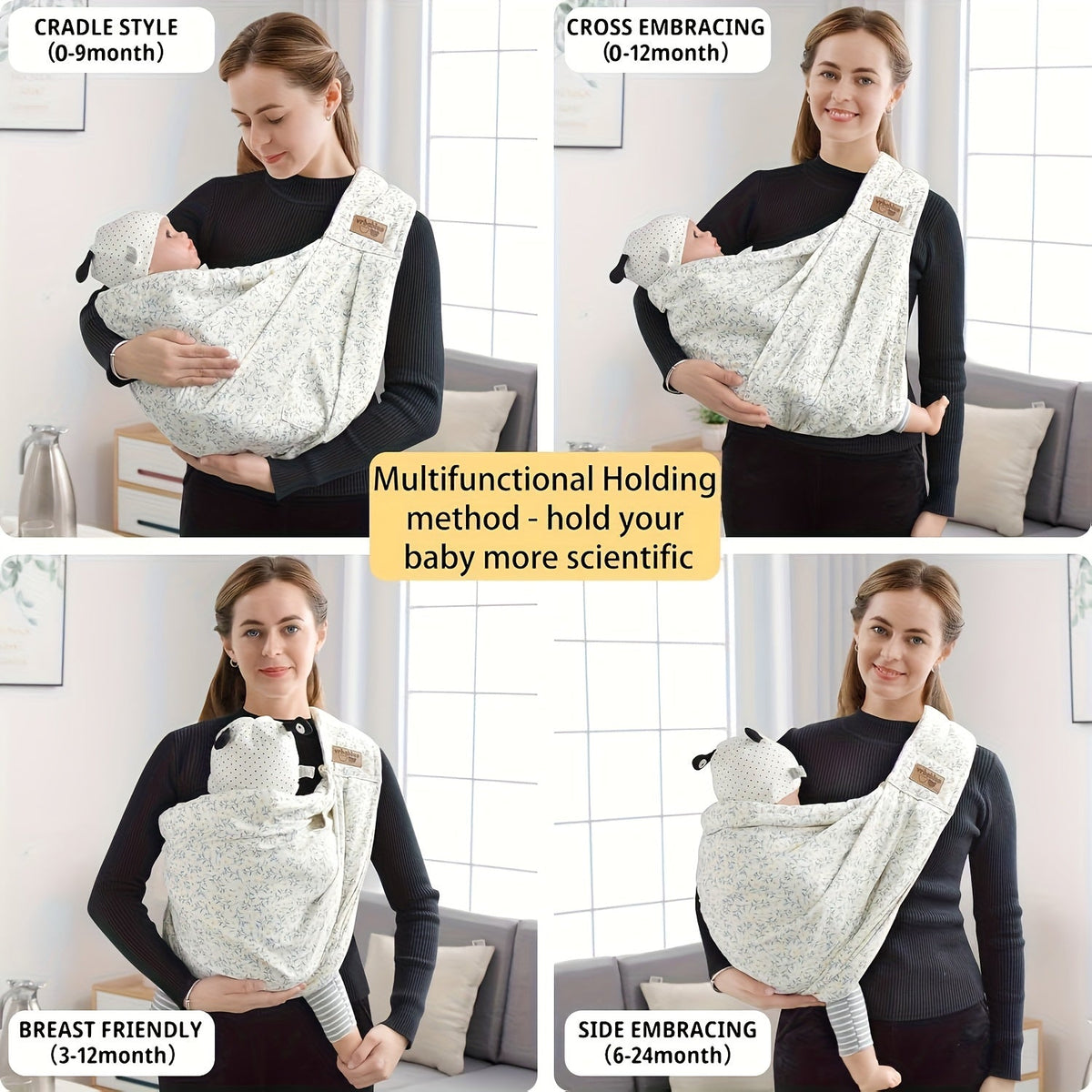 Baby Sling Carrier in a Yellow Floral Print with an Adjustable Buckle Strap and Handy Front Pocket
