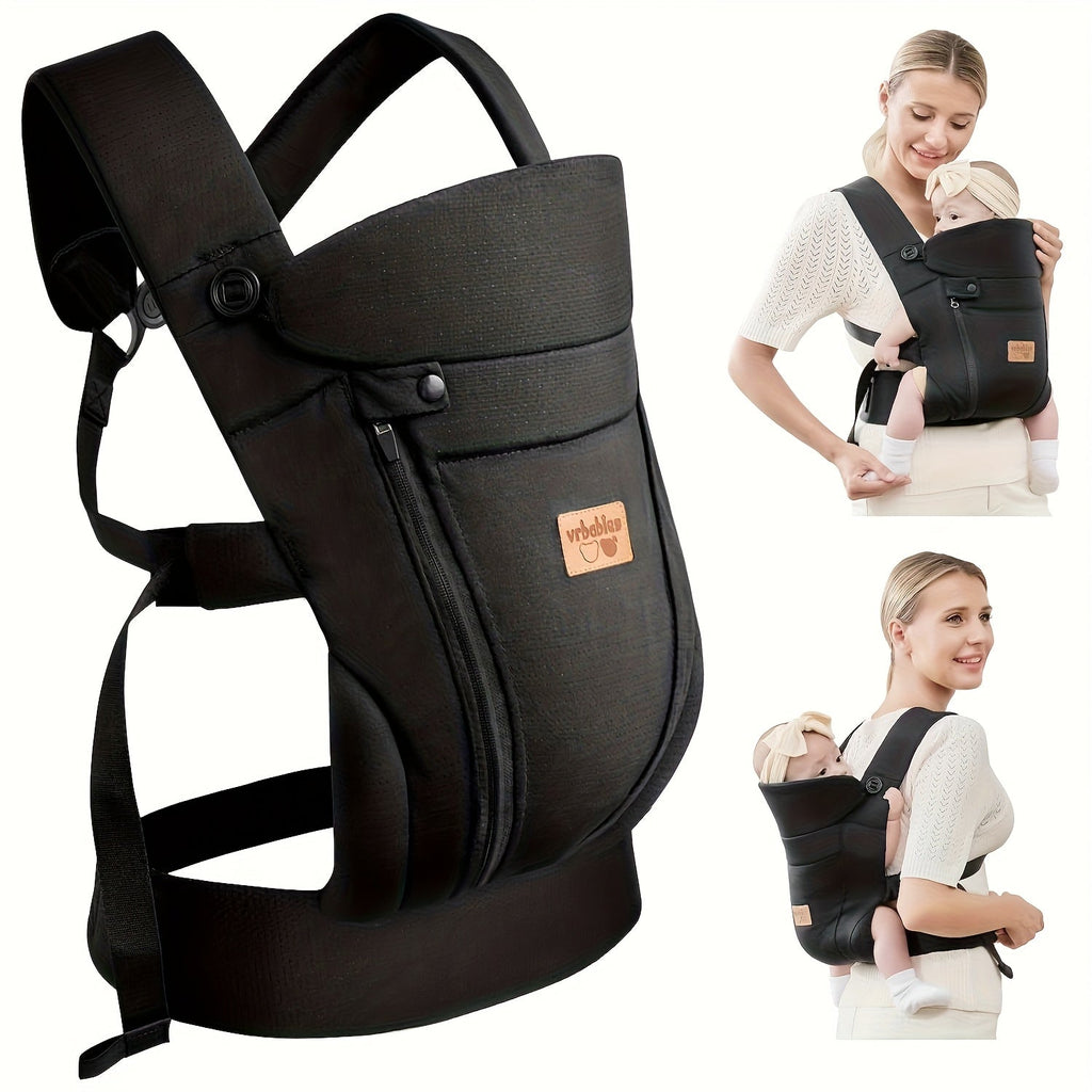 Baby Carrier with Wide Shoulder Straps and a Front Zip Pocket in Black or Dark Gray for Everyday Carrying