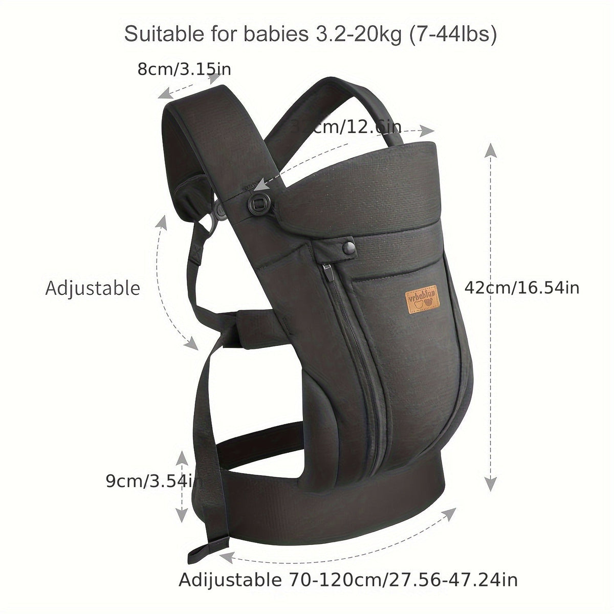 Baby Carrier with Wide Shoulder Straps and a Front Zip Pocket in Black or Dark Gray for Everyday Carrying