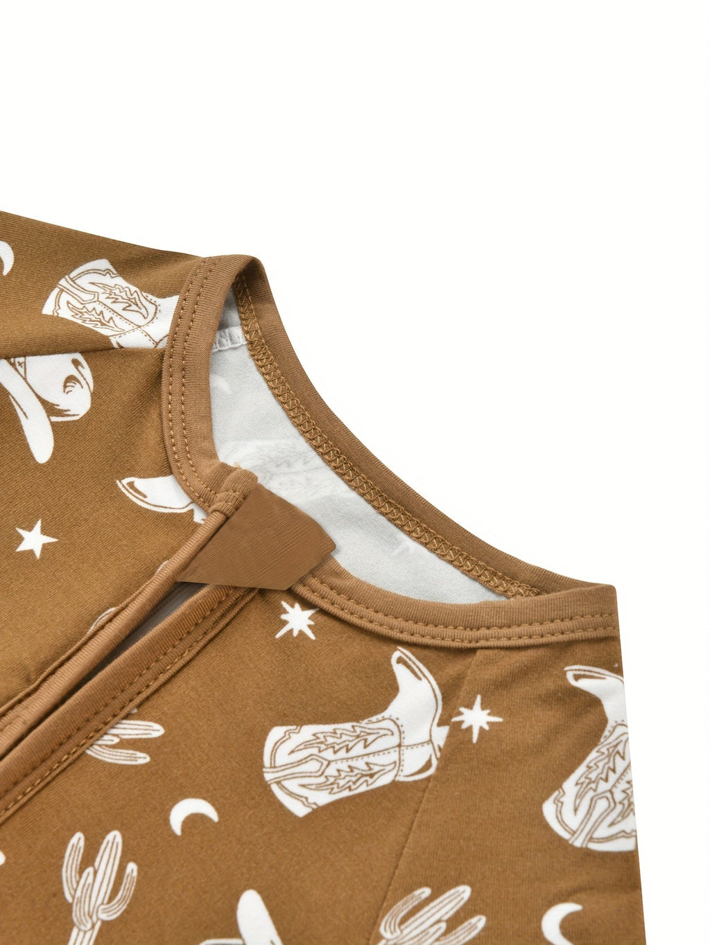 Baby Cowboy Print Romper in Coffee Brown with a Front Zipper and Long Sleeves for Everyday Outfits